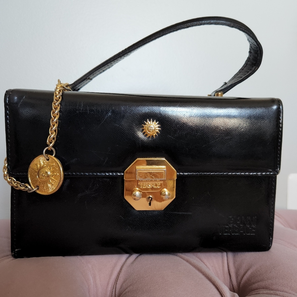 Vintage GIANNI VERSACE Sunburst Motif Hand Bag Leather Black - Picture 1 of 10